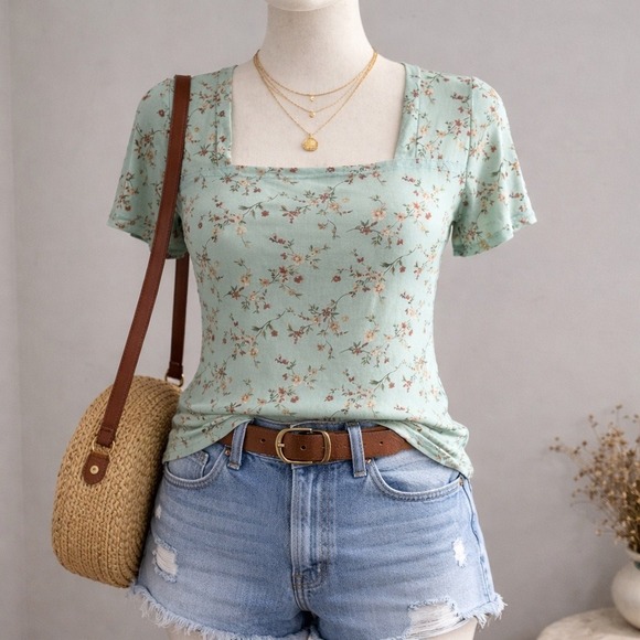 No Boundaries Tops - Mint Green Floral Short Sleeve Top Fairy Cottage Y2K Soft Girl Coquette Romantic